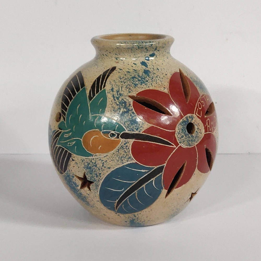 Vintage Tealight Candle Holder Luminary Pottery Hand Painted Hummingbird Flower